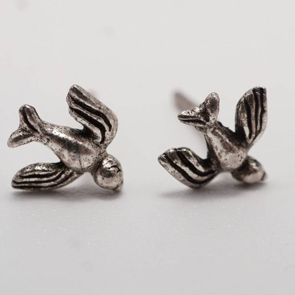 Sterling Silver Bird Stud Earrings Small Swallow Sparrow Nature Jewelry